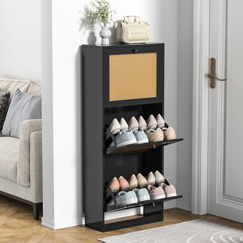 Skokliz Schuhschrank mit 3 Flip-Schubladen, platzsparender Schuhkipper, Schuhregal, Schuhaufbewahrung, für 12-18 Paar Schuhe, Flur möbelund Wohnzimmer,51x22.5x122cm