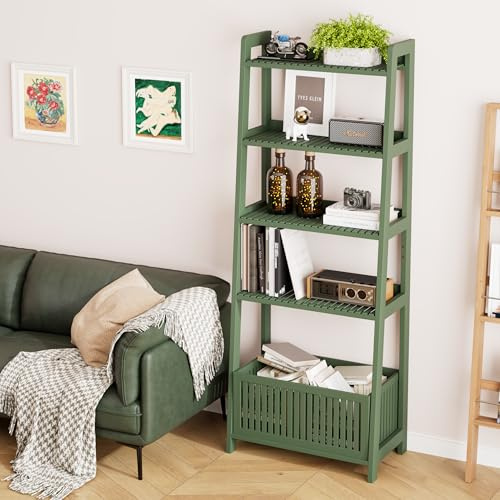 Bamjoy Bamboo Ladder Bookcase, Bookshelf with 4 Display Shelves and 1 Open Storage Basket, Storage Rack Organizer for Home Office, 66” H Forest Green