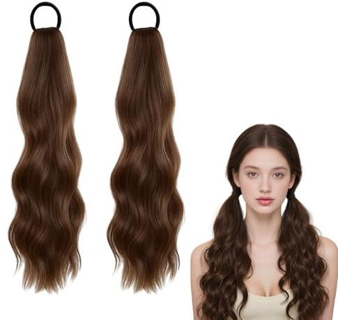 SGQTZDZQ 2 Pcs Ponytail Extension, Synthetic Wavy Pony Tail Extensions, Clip in Ponytail Hair Extensions Hairpieces for Women (Light brown)