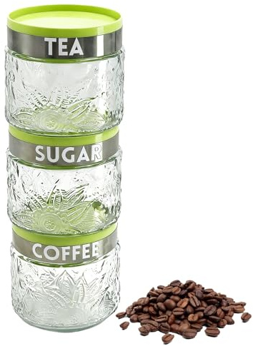 Daily Treasures Set of 3 Stackable Glass Storage Canisters with Screw-Top Lids - Airtight Storage Jars Easy to Open,Glass Containers with Lids for Tea, Coffee, Sugar, Spices, Dry Foods Storage (400ml)