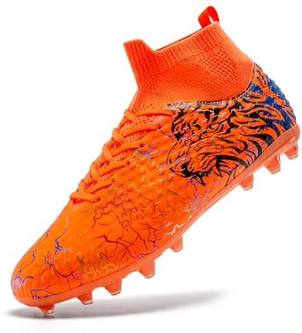 ZGWULZNGL Soccer Cleats Boys Youth Training Football Cleats Athletic Outdoor Girls Soccer Shoes High-top Kids Football Shoes,Orange,Big Kid 7