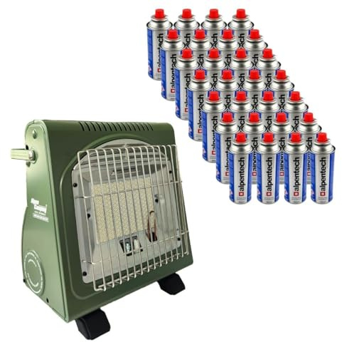 Alpen Camping - Riscaldatore a gas 1700 W + 28 cartucce a gas butano, riscaldamento supplementare verde con sicurezza termocoppia ODS