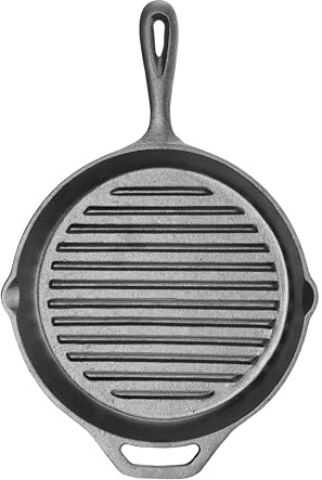 HENDI Poêle à griller en fonte côtelé, avec 2 becs verseurs, poêle à frire pour four feu, cuisinière à gaz, induction, électrique, plaque vitrocéramique, grill barbecue, 398x265x(H)48mm