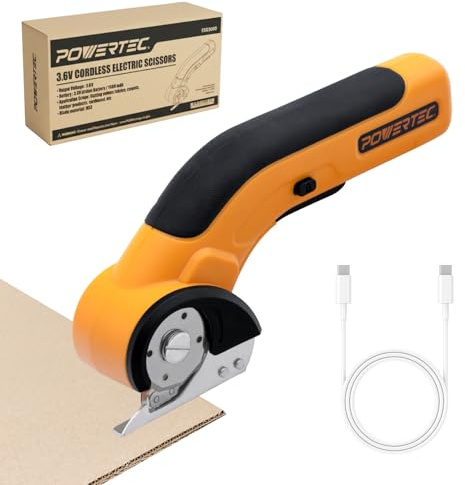 POWERTEC Cordless Electric Scissors – 3.6V Rechargeable Fabric, Cardboard & Carpet Cutter with Fast USB-C Charging, Safety Lock, and Extra Blade for DIY, Crafting & Upholstery (ESS3600)