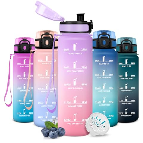 JAPORIA Gourde 500ml, Gourde Sport, Sans BPA, Inodore, avec Marqueur de Temps, Large Ouverture, Anti Fuite, Bouteille pour le École, le Camping et les Activités de Plein Air
