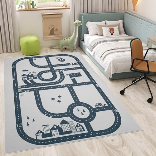 TAPISO Snooki Kinderteppich Straßen Auto Grau rutschfest 160 x 220 cm | Kinder Teppich Strapazierfähig Pflegeleicht weich Deko OEKO-TEX