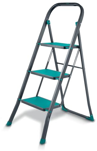 Tower 3 Tread Step Ladder, Folding Steel Frame with Non-Slip Steps & Feet, Compact & Lightweight Design, 150kg Max Capacity, Anthracite & Teal, T780001TL