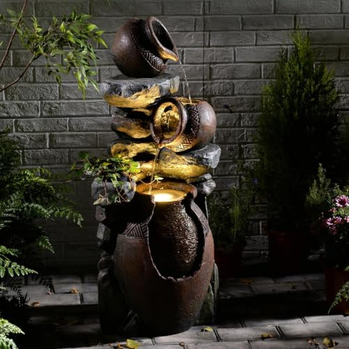 Sunlinua 3-stufiger Gartenbrunnen für Außen in Steinoptik mit gestapelten Tongefäßen – Harz-Wasserfall Garten mit LED-Beleuchtung für Terrasse, Balkon oder Eingangsbereich, 37×34×97,5 cm | Braun