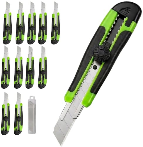 ToolSpace Cuttermesser Profi 12x + 22x SK5 Carbonstahl Klingen Cutter 18mm | Robust Teppichmesser Universal Stanleymesser - Ergonomisch Körper mit Gummirillen Universalmesser Kater Messer - Grün/Schwarz