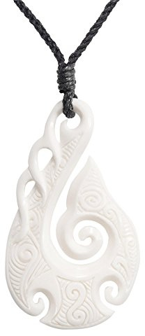 81stgeneration Geschnitzter Koru HEI Matau Anhänger aus Knochen mit Meereswellen | Halskette im Maori-Stil | Damen Herren Tribal Schmuck | Kordel-Halskette aus Hawaii mit Knochen-Angelhaken
