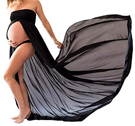 Damer kvinnor modern gravid fotosession lång delad klänning kläder fram damklänningar moderskap fotografi svart rekvisita moderskap fotografiska kjolar, Schwarz, XL