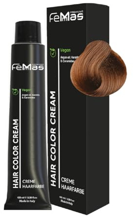 FemMas teinture pour cheveux Blond moyen Ambre Or 7.83 I Crème professionnelle à l'huile d'argan, kératine et céramides I Coloration permanente ou teinture pour des résultats durables I 100 ml