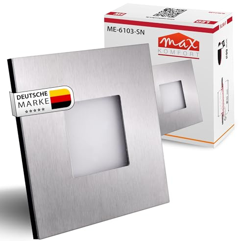 LED Treppenbeleuchtung 230V – 0,5W 40lm Wandeinbauleuchte Eckig für 60mm Dose – Warmweiß (3000K) – Aluminium Stufenlicht Flur – Stromsparendes Nachtlicht ohne Sensor - 6103S (1, Edelstahl-eckig)