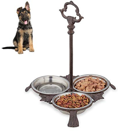 Relaxdays Napf Gusseisen, Napfstation für Hunde & Katzen, Dunkelbraun | 3 Edelstahlnäpfe je 200ml, antik, Griff, outdoor