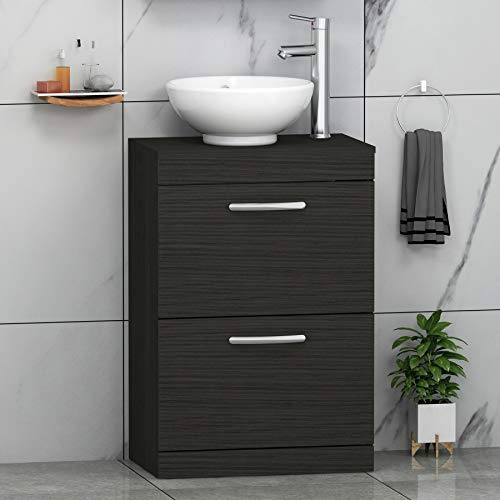 Royal Bathrooms Turin 500mm 2 Drawer Floor Standing Worktop Vanity Unit Hale Black with 410mm Countertop round Basin