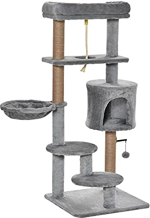 PawHut 120cm Cat Tree Tower with Scratch Post Perch Hammock Condo Light Grey