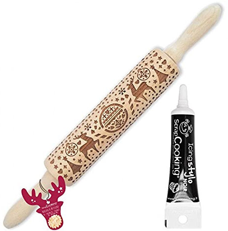Rouleau à pâtisserie empreintes Noël 39 cm + Stylo de glaçage noir
