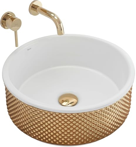 Rea Waschbecken Waschtisch Aufsatzwaschbecken Keramik Handwaschbecken Aufsatz Waschschale Oval 42X42 Weiß Gold