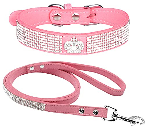 haoyueer Strass-Hundehalsband, niedlich, schillernd, funkelnd, weiches Wildleder, für Hunde und Katzen, Strass-Halsband, Leine, Kristall, Diamant, Haustier, Welpen, Halsband (XS, Pink-4)
