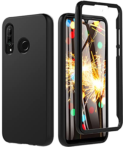 Für Huawei P30 Lite Hülle, Handyhülle für Huawei P30 Lite, Stoßfest Case 360 Grad Rundumschutz Schutzhülle Liquid Silikon Hülle mit Eingebautem Displayschutz Robuste Bumper Outdoor Cover (Schwarz)