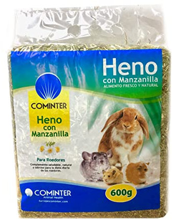Cominter Animal Health Heno con Manzanilla Natural Timothy para Conejos, EOS, Hamsters, Cobayas y Roedores 600 g, Comida para Conejos con Fibra para el Desgaste Dental del Roedor
