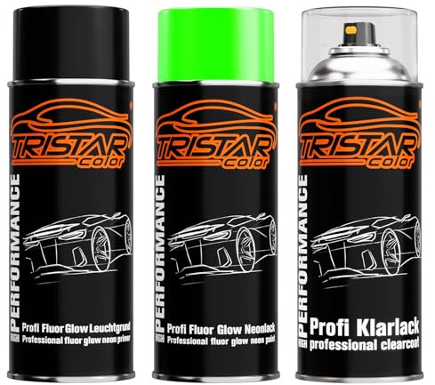 Professionell uppsättning Fluor Glow neonfärg Grün glansig med lysande primer + klarlack sprayburk 400 ml bilfärg snabbtorkande