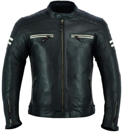 Blouson de moto en cuir perforé noir pour homme avec protections CE MBJ-12A, Noir , L