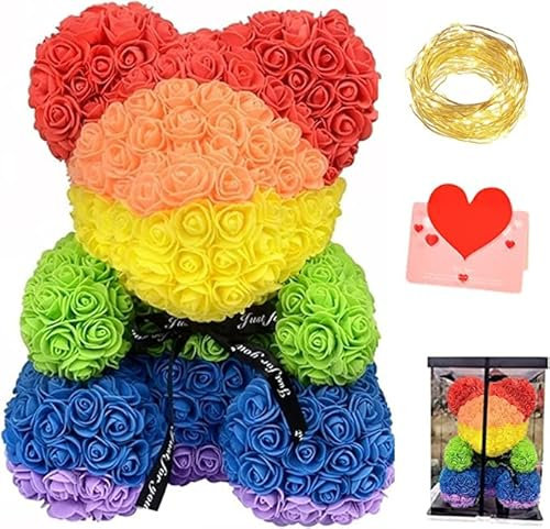 xixi-home Orso di Rose 10 pollici Orsacchiotto Composto da Rosa Artificiali Regali per le Donne Confezione regalo Trasparente Inclusa Luce Led,Regali san Valentino (Arcobaleno)