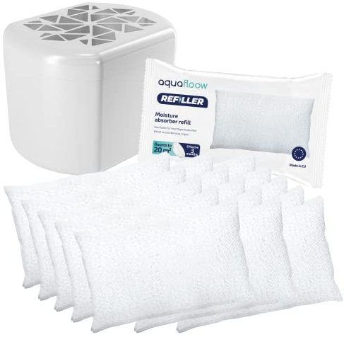 Aquafloow Déshumidificateur avec 15x250g Sacs de Recharge Granulés | Blanc Déshumidificateur Absorbeur d'Humidité, Réduit la Moisissure | Déshumidificateur sans Électricité avec Granulés Rechargeables