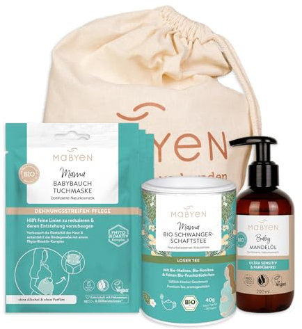 MABYEN Schwangerschafts Set | Naturkosmetik, Vegan, Natürliche Pflege für Schwangere mit 3x Babybauch Tuchmaske, 1x Mandelöl und 1x Schwangerschaftstee, Dehnungsstreifen Pflege