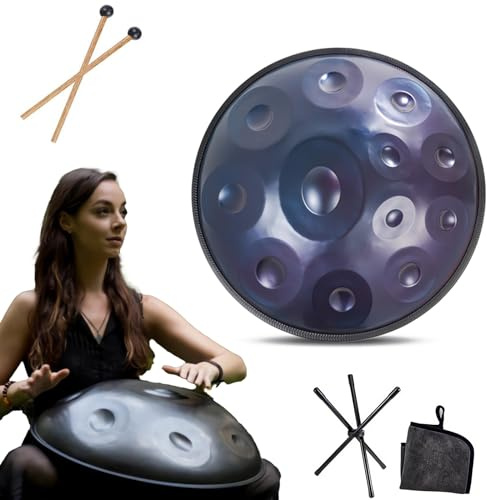 Strumento Handpan - 432Hz/440Hz 9/10/ 12 Note - Steel Tongue Drum da 55cm - Hand Pan Drum con Supporto per Battenti per la Guarigione del Suono (Size : 432Hz, Color : BLUE_12 NOTES)