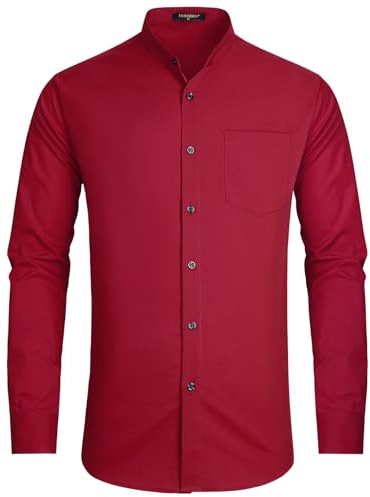 HISDERN Chemise Rouge Homme Manches Longues Mariage Chemise Col Mao Homme Coton Con Bouton de Manchette pour Formel Noel L