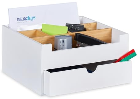 Relaxdays Schreibtisch Organizer, 1 Schublade, 6 Fächer, Bambus, HxBxT: 13 x 26 x 23,5 cm, Büro-Organisator, weiß/Natur