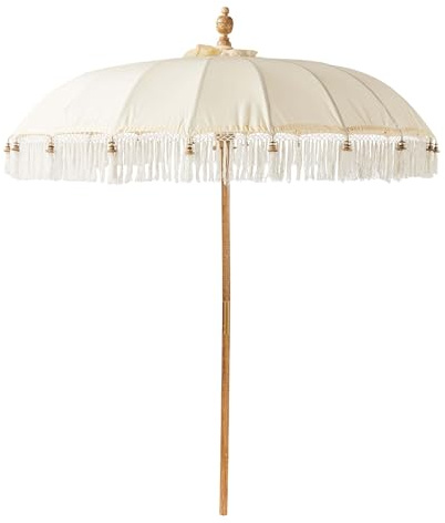 BUTLERS Sonnenschirm mit Fransen Ø1,8m Mangoholzstange Ø 3,8 cm -MACRAMÉ- Strandschirm aus naturfarbener Baumwolle| Sonnenschutz für Balkon, Garten, Terrasse und Strand