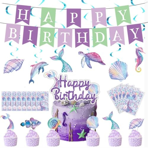 KARLOR Meerjungfrau Geburtstag Deko, Meerjungfrau Party Deko Kindergeburtstag Dekorationen Mädchen Geburtstag Party Set mit Tortendeko Geschenktüte HappyBirthday Girlande Mermaid Partyzubehör