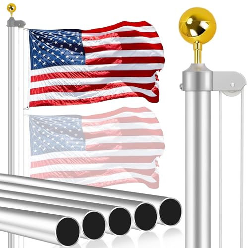 Flag Poles for Outside House Inground - 20 Ft Super Thick Flag Pole Kit - Heavy Duty Aluminum Flagpole with 3x5 American Flag - Outdoor Sectional Flagpoles for Yard, Residential, and Commercial