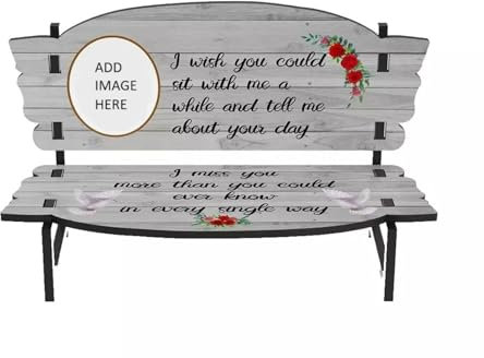 Personalised Memorial MDF Bench Bereavement 18x12cm - Red Flowers Design (Photo and Text)