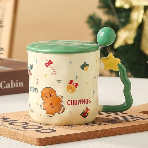 PLUSHCEWT Taza de Café de Navidad, Taza de Té de Cerámica con Asa de Estilo Navideño de Dibujos Animados, Taza de Navidad con Tapa y Cuchara, 380ml (Verde)