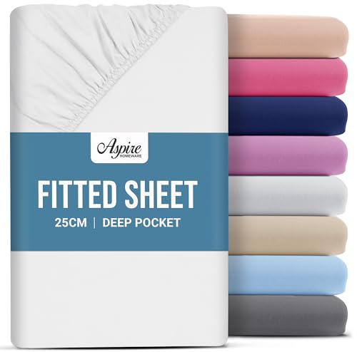 Aspire Homeware Single Fitted Sheet - 25 cm Deep Hotel Quality (White) Bed Sheets - Soft & Breathable Fitted Sheet Single Bed - Anti-Wrinkle Easy Care Fitted Sheets