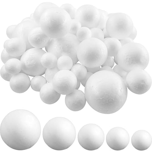 euluoziqing 72 Piezas Bolas Poliespán Manualidades, 5 Tamaños Bolas de Poliestireno, Bolas de Espuma Blanca para Manualidades Fiestas Decoraciones de Navidad y del Hogar (Blanco)