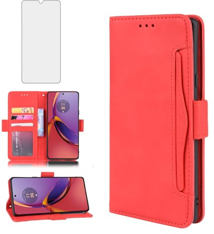 Asuwish Funda para Motorola Moto G84 5G con Cristal Templado Protector Pantalla Vidrio Pelicula Protectora Libro Cuero Piel Tarjetero Soporte G 84 84G XT2347-2 Tapa Carcasa Case Hombre Mujer Rojo