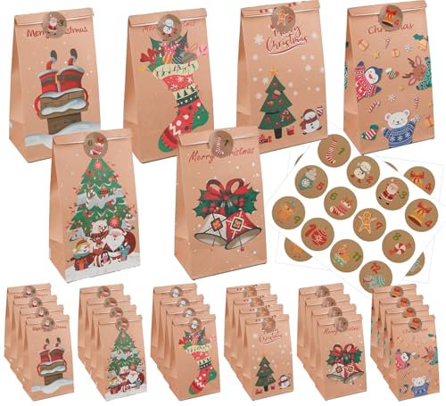 Notwoe Adventskalender zum Befüllen - Adventskalender 2025,Geschenktüten mit Weihnachtspinguin,Papiertüten Weihnachten für Geburtstagssüßigkeiten,Partys,Hochzeiten,Märkte. (Brown-C24)