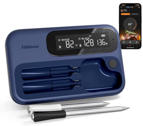 Wireless Meat Thermometer Dual Probes for Smoker, Fitflavor 5G WiFi Meat Thermometer Bluetooth Thermometer for Grill BBQ, Smart Meat Probe for Food Cook Oven Grilling Rechargeable