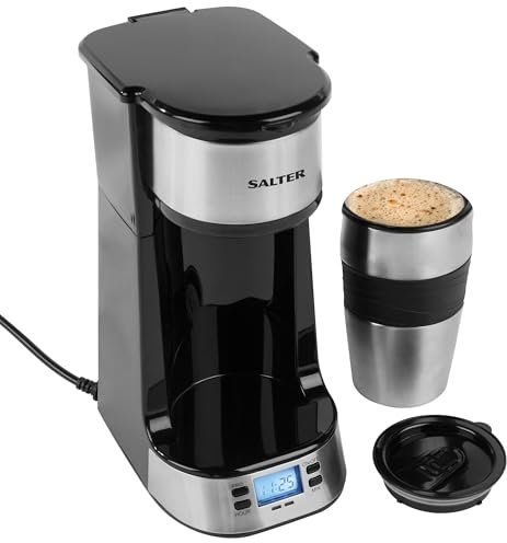 Salter Macchina da Caffè Digitale – Filtro per Una Tazza, Filtro Lavabile e Riutilizzabile, Include Tazza da Viaggio Inox 420ml, Preparazione in 3-4 Minuti, Adatta per Caffè Macinato/Capsule