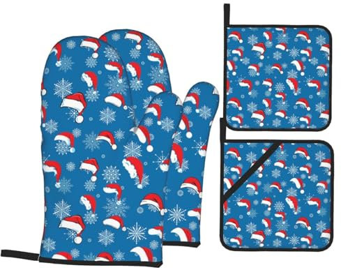 Ofenhandschuhe und Topflappen-Set, Weihnachtsmannmütze, Schneeflocken, hitzebeständig, Küchen-Backhandschuhe, rutschfeste Oberfläche zum Kochen, Backen, Grillen, Grillen