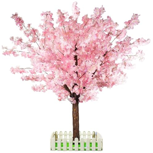 Artificial Cherry Blossom Trees, Handmade Light Pink Tree Indoor Outdoor 5FT Tall Fake Tree with Natural Wood Trunk and Lifelike Flowers for Home Office Party Wedding Decor (Pink, 5FT)