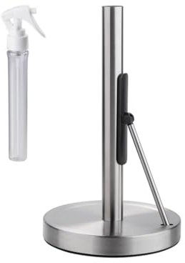 Space Efficient Paper Towel Stand with Sprays Bottle Stainless Steel Standing Tissue Roll Rack Kitchen Counter Accessory