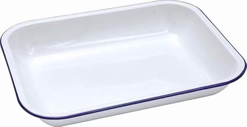 HOCHSTE® Falcon Enamel Bakepan Traditional White Oblong Shape Traditionally Enameled with Blue Rim Roasting Tray, Oven & Dishwasher Safe, Heavy-Gauge Steel White 1 Pack - 34x28x5cm