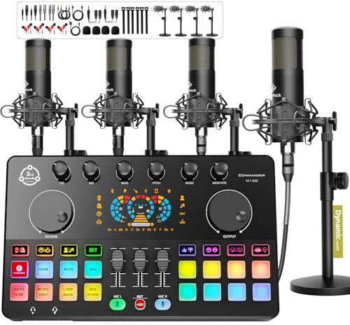 Podcast Equipment Bundle for 4, Audio Interface with 4 Dynamic Microphone, 4 Desktop Mic Stands, Voice Change, DJ Mixer for Vocal Recording Podcasting,Streaming,Singing TikTok, COMMANDER M100 3rd