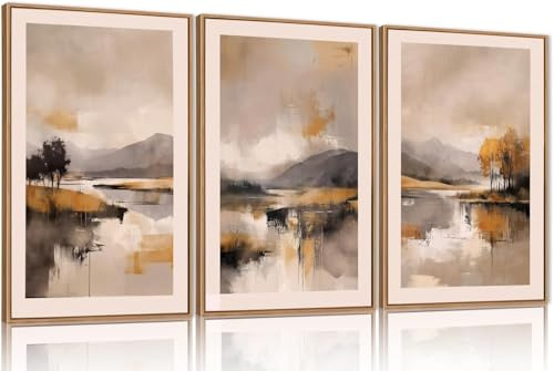CHDITB 3 pcs Abstract Lake Landscape Canvas Wall Art Set,Beige Grey Mountain Framed Wall Decor,Watercoler Lake Artwork,Brush Stroke Forest Landscape Prints for Living Room Office Bedroom(30x40cm)